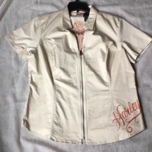Harley-Davidson Cream Short Sleeve Zip-Up Shirt with Orange Script